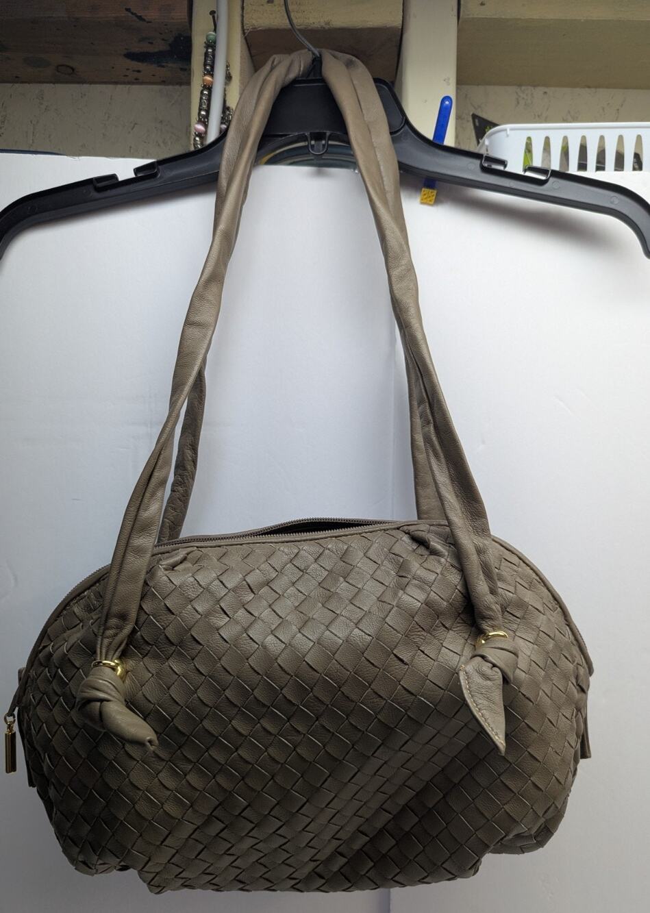 Meyers Purse, Sloochy Hobo,Soft Taupe Woven Leather,Long Shoulder Straps. USA.